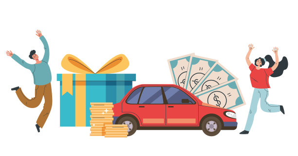 人们男人女人字符赢得汽车和金钱彩票的概念。矢量平面卡通图形设计插图图片下载