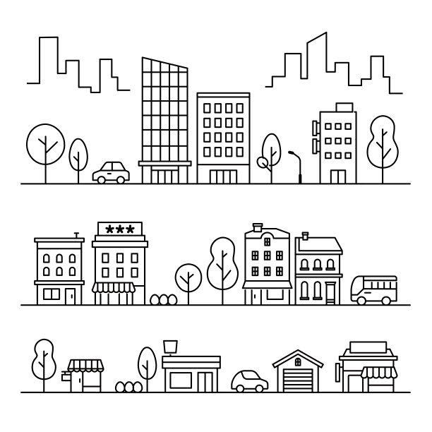 一套城市中心和城市街道的街景背景图标，包括建筑、树木、汽车、公交车图片下载