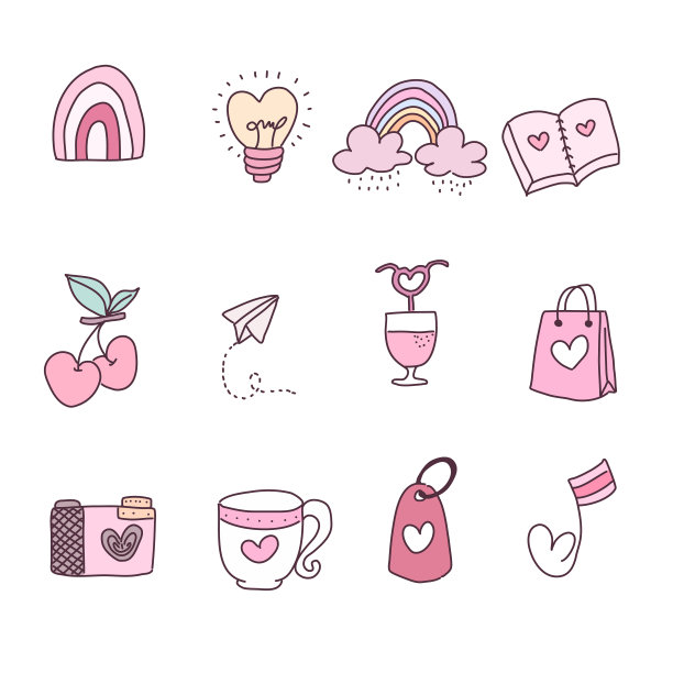 大孤立的手绘爱情元素集合在情人节的概念，平面矢量插图情人节的邀请卡和页面装饰图片下载