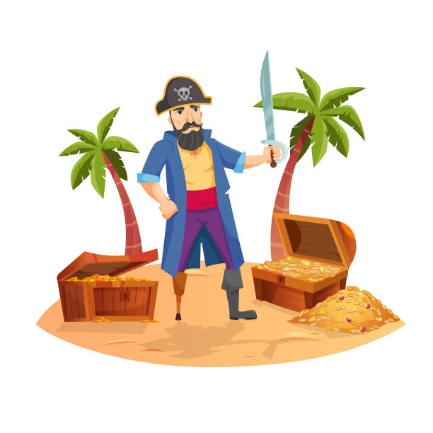 海盗组合与岛屿景观卡通人物与宝箱图片下载