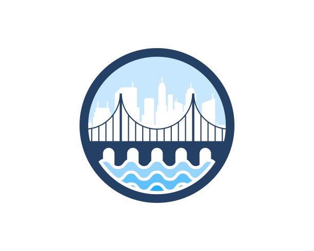 水波上有桥，后面有城市剪影，呈圆形图片下载