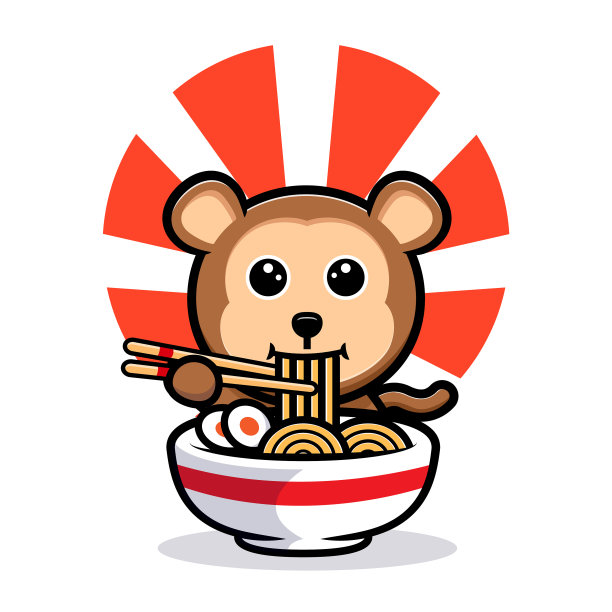 可爱的猴子吃拉面卡通吉祥物图片下载