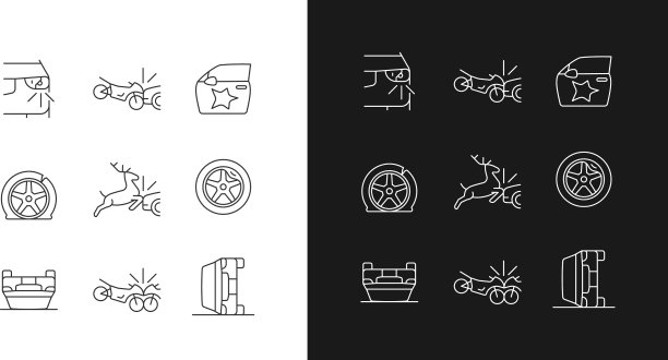 常见的汽车碰撞线性图标设置为黑暗和图片下载