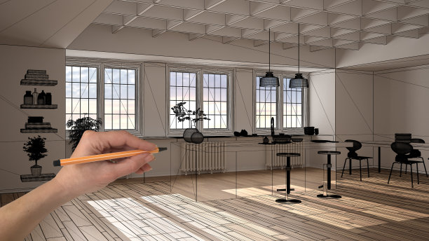 空旷的白色室内与木制拼花地板，手绘定制建筑设计，黑色墨水素描，蓝图显示厨房与岛，餐桌，概念，模型，想法图片下载