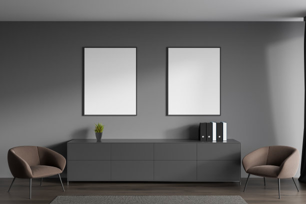 灰色放松室内扶手椅和抽屉在商务办公室，模型框架图片下载