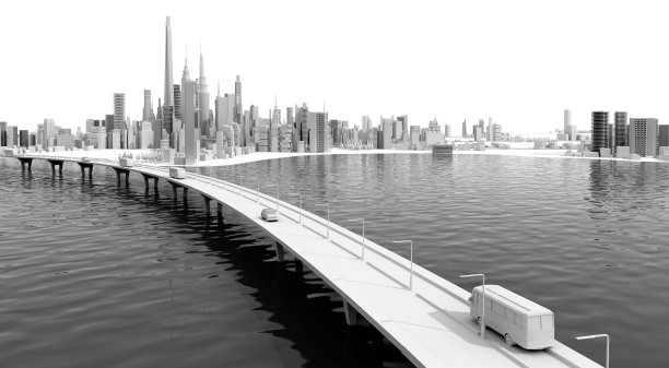 美丽的现代城市全景与摩天大楼，位于湖。郊区，通往城市的高速公路很多，道路上有桥梁、绿地和交通。三维渲染图片下载