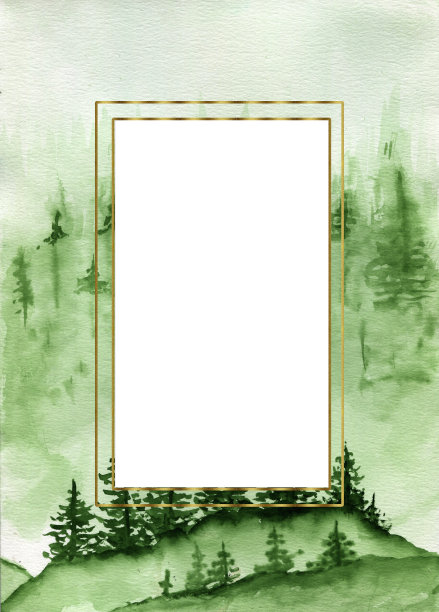 海报水彩森林，金色画框。水彩山旅行插图，绿色植物景观剪贴画，森林树木剪贴画的林地婚礼。图片下载