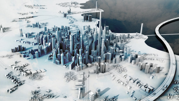 美丽的现代城市全景与摩天大楼，位于湖。郊区，通往城市的高速公路很多，道路上有桥梁、绿地和交通。三维渲染图片下载