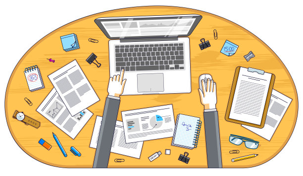 商业分析，办公室工作人员或企业家在电脑笔记本和金融分析的文件上工作，用文具和文件和手的办公桌顶部视图。向量。图片下载