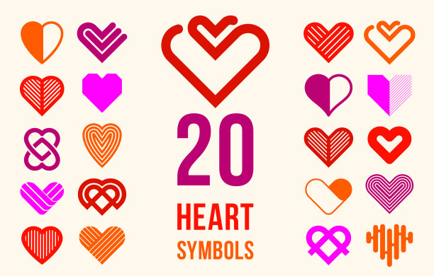 心形几何线性标志向量图标或标志集，平面设计现代风格元素，爱心关怀和慈善几何符号集合。图片下载