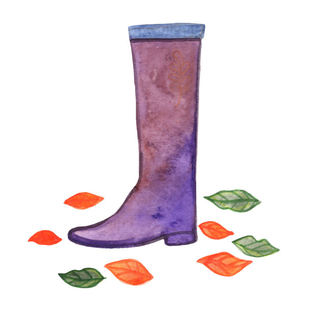 长靴子与秋叶水彩插图装饰秋季季节和自然概念。图片下载