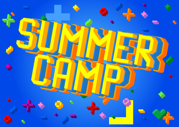 夏令营。像素字与几何图形背景。图片下载