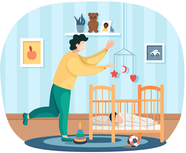 父亲唱着摇篮曲把躺在婴儿床上的孩子哄上床。健康的宝宝，幸福的家庭，产假图片下载