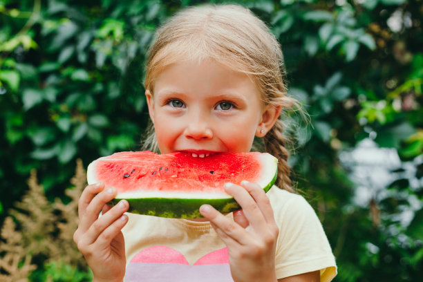 快乐有趣的小女孩在户外吃西瓜图片下载