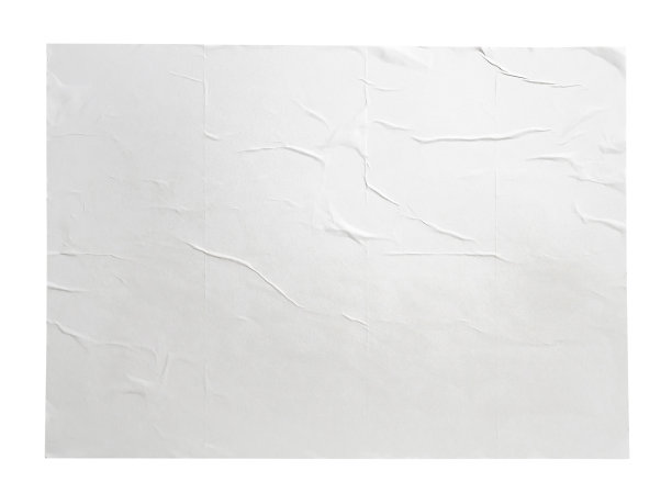 空白白色卷曲和折痕纸贴纸海报纹理孤立在白色背景图片下载