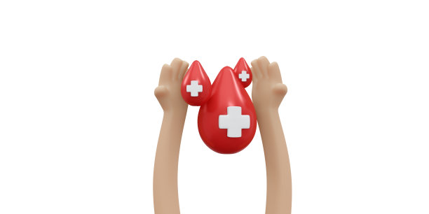 3D渲染手持滴血与红色十字标志背景，横幅，卡片，海报概念的世界献血日。3D渲染插图卡通风格。图片下载