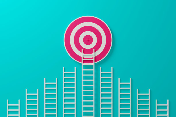 3d渲染插画，从人群中脱颖而出，思考不同的创意理念。最长的白色阶梯生长，生长到高远的目标目标图片下载