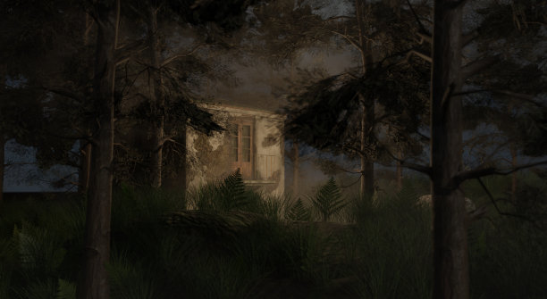 松树林中雾气弥漫的房屋图片下载