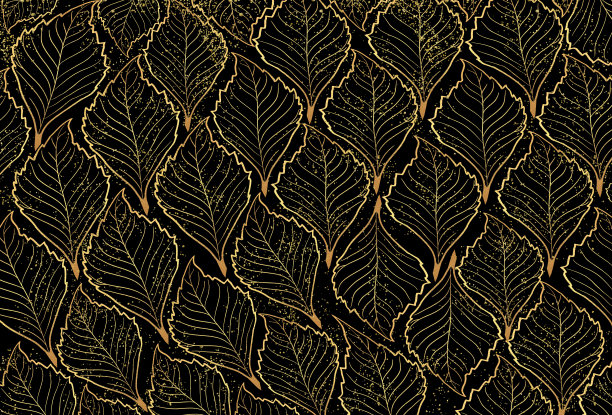 3d黑色艺术墙纸壁画。金色的叶子和点点。生菜叶背景图片下载