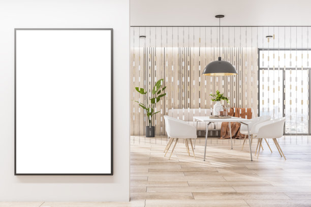 现代明亮的客厅内部与空白色模拟海报墙上，家具，窗口与城市的看法。设计理念。3 d渲染。图片下载