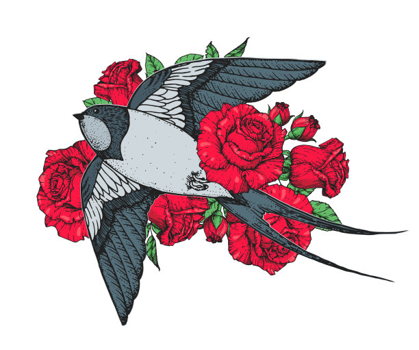 燕子在玫瑰里飞翔。手绘向量。t恤的设计。图片下载