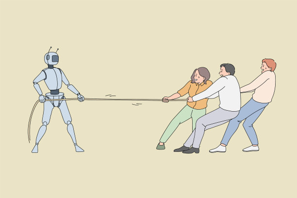 人类工人对着机器人拉绳子图片下载