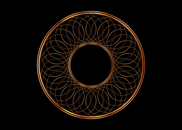 装饰圆形黄金框架，曼荼罗设计与花卉装饰。圆形边框模板适用于印刷明信片、请柬、书籍、纺织品、版画、木制家具、锻造。矢量孤立在黑色背景图片下载