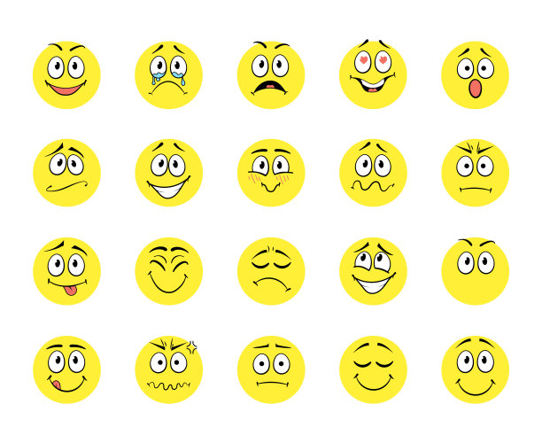 向量集的面孔情绪表情集，黄色圆圈不同的情绪表情孤立在白色背景，快乐。图片下载