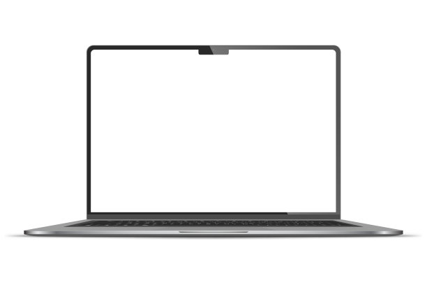 现实的深灰色笔记本与透明屏幕隔离。新的笔记本电脑。打开显示。可用于项目，演示。空白设备模型。分开组和层。容易可编辑的矢量。图片下载