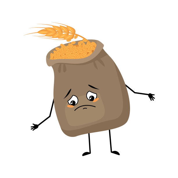 可爱的袋装小麦和耳朵的性格与悲伤的情绪，沮丧的脸，向下的眼睛，胳膊和腿。谷物带着忧郁的表情和姿势。矢量平面插图图片下载