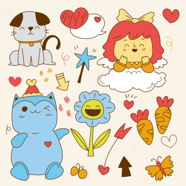 一套大孤立的手绘涂鸦装饰儿童概念，彩色平面矢量插图图片下载