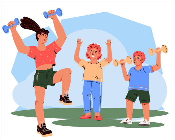 母亲和孩子们一起做健身，扁平卡通矢量插画图片下载