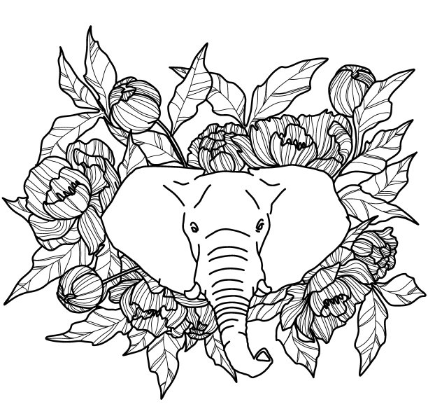 画册上，一头大象，周围有牡丹花和叶子的图案图片下载