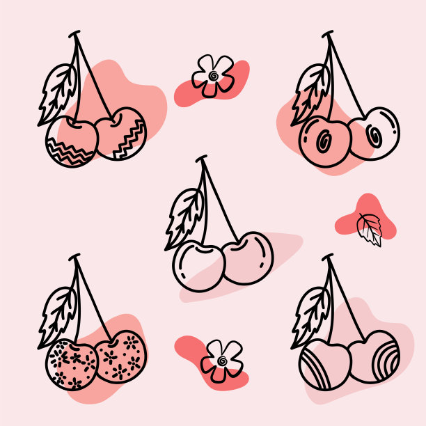 樱桃在手绘风格与抽象的形状。食品生态菜单模板，樱桃果酱和果汁标签，茶横幅。矢量插图。矢量图图片下载