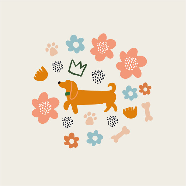 矢量圆插图的狗与花，冠，爪子，骨头在白色背景。家宠物抽象广场海报上的米色。春天的狗插图，狗的剪影图片下载