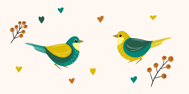 有趣的彩色鸟，花，树叶和浆果。彩色平面矢量插图与小卡通鸟。可爱的人物。卡片，给孩子们的明信片图片下载