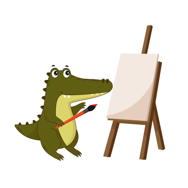 卡通鳄鱼站在画架附近。鳄鱼图标孤立的白色背景。矢量插图设计和印刷图片下载