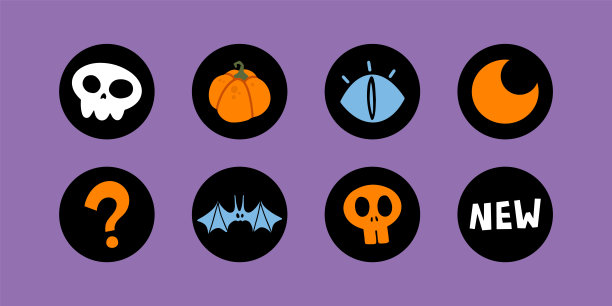 套各种万圣节亮点故事封面:帮助，新，南瓜。时尚的现代设计。卡通,贴纸的风格。圆形图标代表社交媒体故事。图片下载