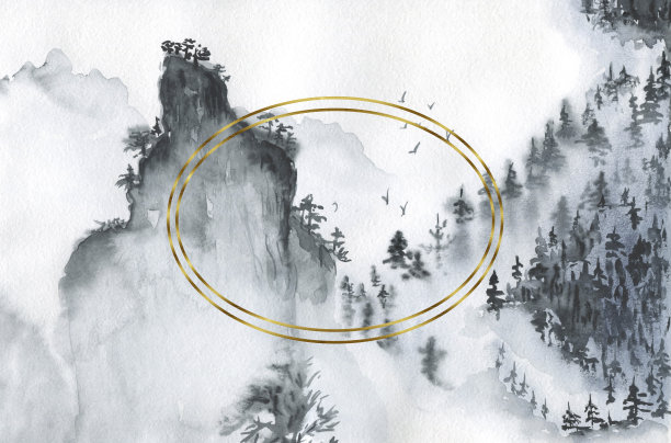 海报水彩森林，金色画框。水彩山旅行插图，绿色植物景观剪贴画，森林树木剪贴画的林地婚礼。图片下载