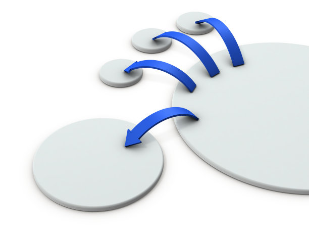 出口和供应概念。扩大和加强对周边地区的支持。多个蓝色箭头。3 d渲染。白色背景。图片下载