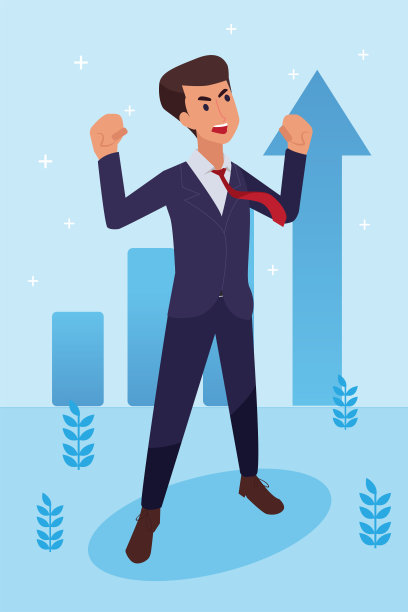 快乐的年轻大孤立的公司男人做了他的工作作为愿景和使命和庆祝，领导成功和职业进步的概念，平面矢量插图，英俊的商人。图片下载