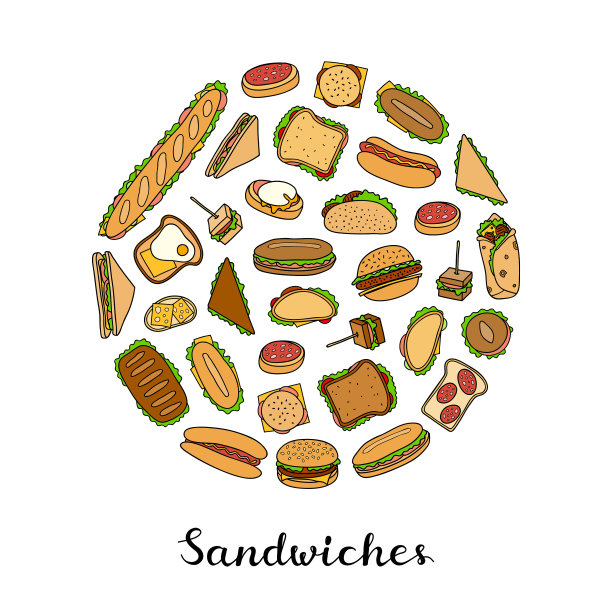 手绘的圆形三明治和汉堡图片下载