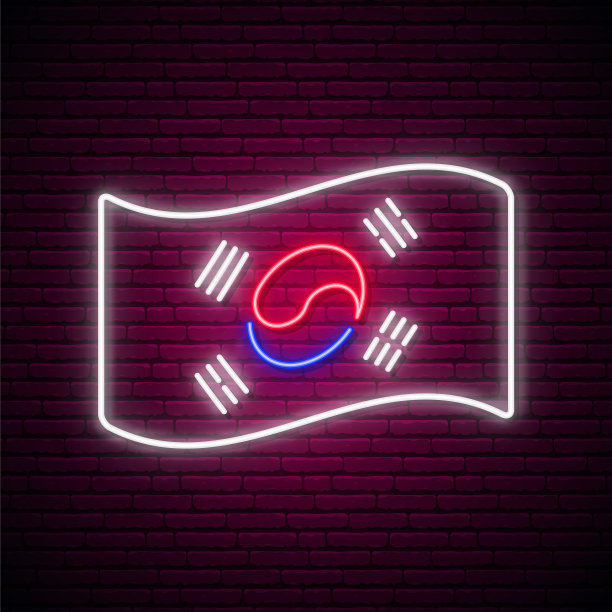 韩国国旗霓虹灯招牌。在暗色的砖墙背景上，飘扬着闪闪发光的韩国国旗。股票矢量插图。图片下载