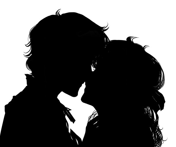 黑白剪影插图的一对年轻夫妇在爱接吻。图片下载