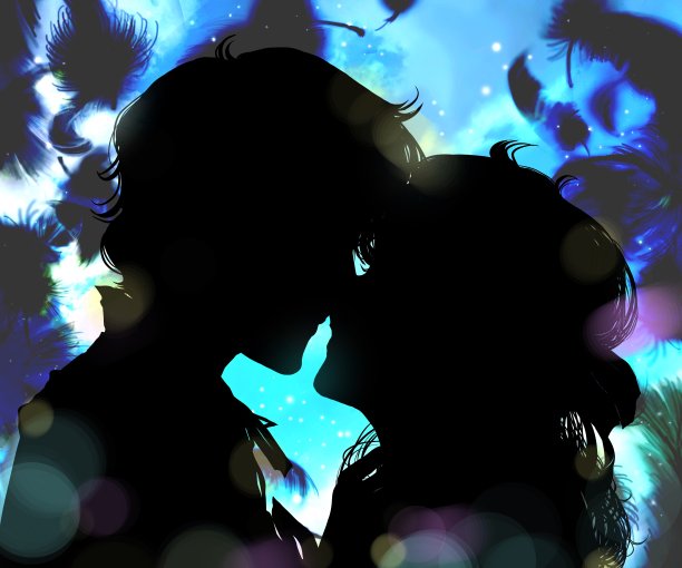 浪漫的背景，黑白剪影插图的年轻夫妇在爱亲吻和蓬松的天使白色羽毛跳舞。图片下载