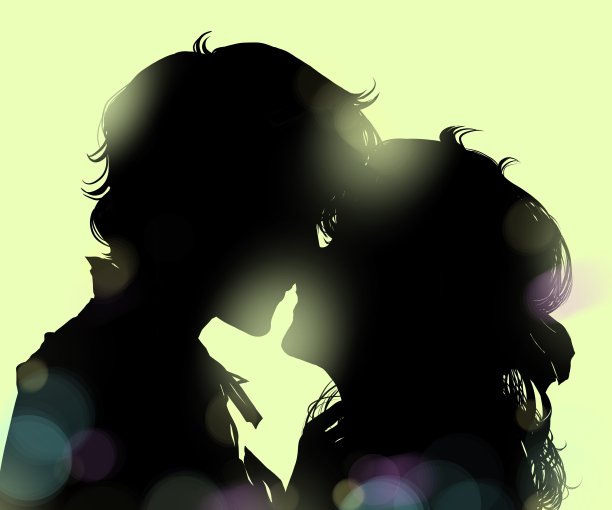黑白剪影插图的一对年轻夫妇在爱接吻。图片下载