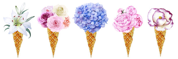 套花束的白色百合，白色和淡紫色的玫瑰，蓝色绣球，粉红色的牡丹和抽象的花在华夫饼锥形孤立在白色背景。手画水彩。图片下载