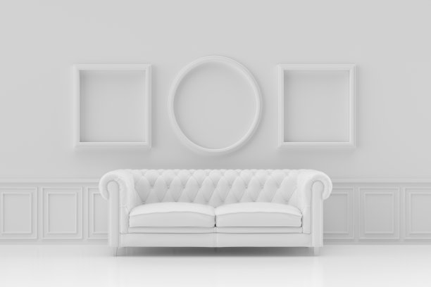 3D室内，客厅，沙发和空框白色背景图片下载