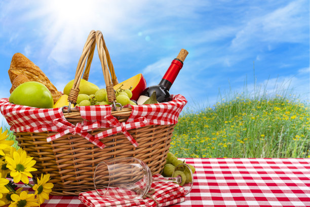 草地上的野餐篮，毯子，食物和酒图片下载