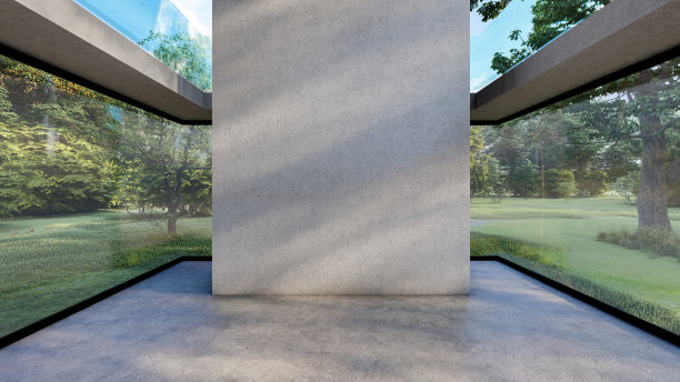 空的水泥大厅室内与空墙在透明的玻璃建筑与花园视图，3d渲染图片下载